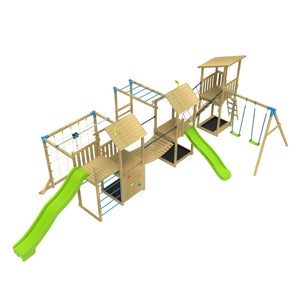 The TP Toys Skywood Wooden Climbing Frame features three towers, a Sky Deck, Flying Fox, monkey bars, double swing arm, two slides and more—an FSC® certified outdoor playset with green and blue accents for kids.