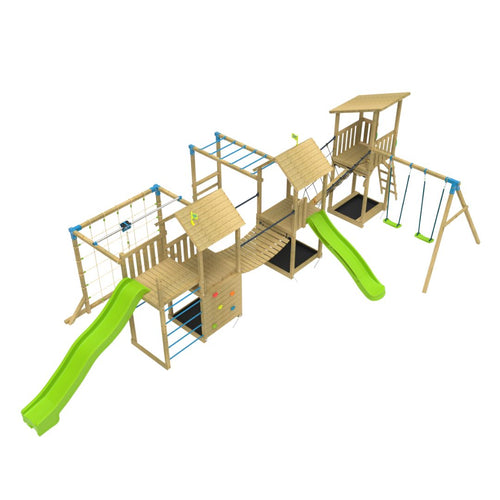 The TP Toys Skywood Wooden Climbing Frame features three towers, a Sky Deck, Flying Fox, monkey bars, double swing arm, two slides and more—an FSC® certified outdoor playset with green and blue accents for kids.