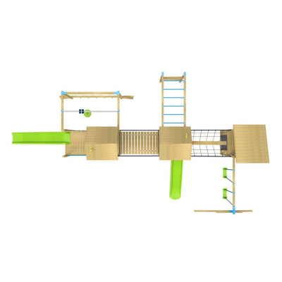 Top-down view of the TP Toys Skywood Wooden Climbing Frame with three towers, sky deck, flying fox, monkey bars, double swing arm & two slides—a modular FSC® certified outdoor playset for kids.