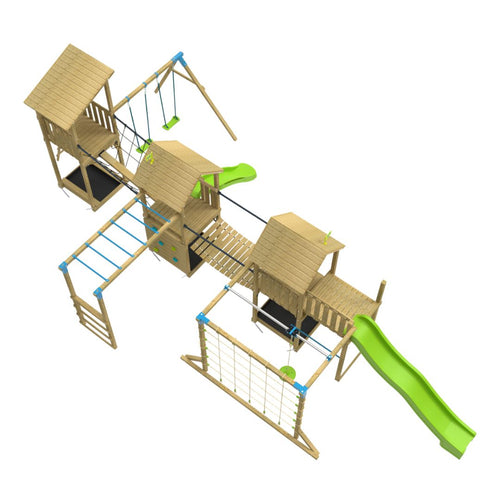 The TP Toys TP Skywood Wooden Climbing Frame features three towers, a sky deck, flying fox, monkey bars, double swing arm, and two slides—FSC® certified modular playset viewed from above on a white background.
