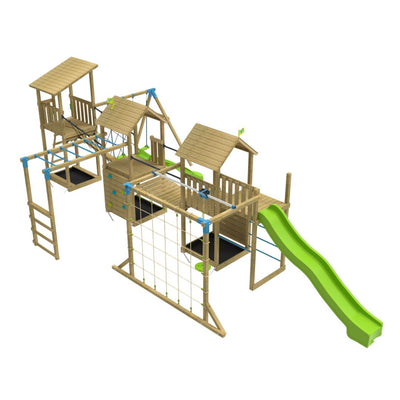 The TP Toys Skywood Wooden Climbing Frame features three towers, a sky deck, flying fox, monkey bars, double swing arm, and two slides—an FSC® certified modular set for active kids.