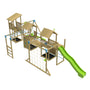 The TP Toys Skywood Wooden Climbing Frame features three towers, a sky deck, flying fox, monkey bars, double swing arm, and two slides—an FSC® certified modular set for active kids.
