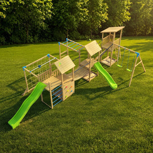 The TP Toys TP Skywood Wooden Climbing Frame features three towers, a sky deck, flying fox, monkey bars, double swing arm, and two slides—an FSC® certified modular playset for hours of outdoor fun.