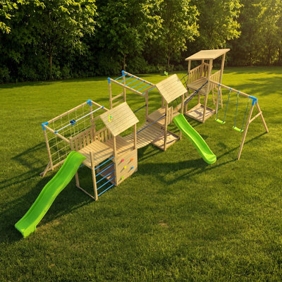 The TP Toys TP Skywood Wooden Climbing Frame features three towers, a sky deck, flying fox, monkey bars, double swing arm, and two slides—an FSC® certified modular playset for hours of outdoor fun.