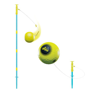 Two blue poles with yellow tops and a yellow and black ball attached to a cord illustrate the TP Toys Swingball 2 in 1 Multiplay All Surface Set.