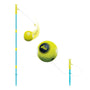 Two blue poles with yellow tops and a yellow and black ball attached to a cord illustrate the TP Toys Swingball 2 in 1 Multiplay All Surface Set.