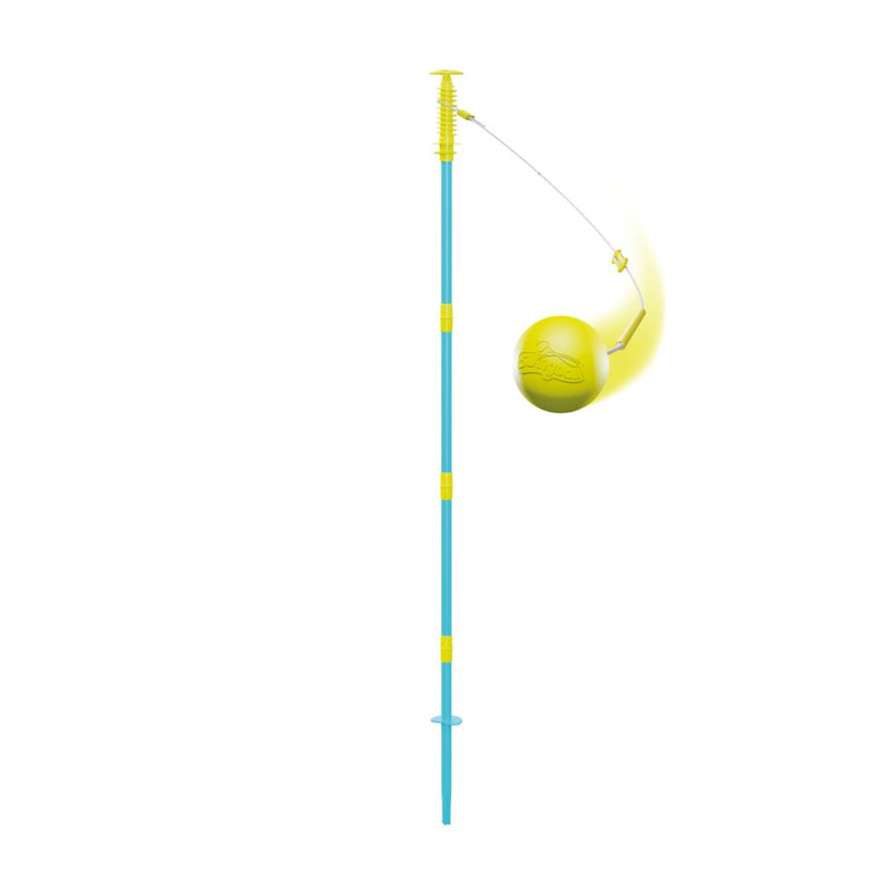 A yellow ball on a string circles a tall blue and yellow pole against a white background—ideal for exciting matches with the TP Toys Swingball 2 in 1 Multiplay All Surface Set.