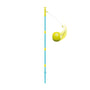 A yellow ball on a string circles a tall blue and yellow pole against a white background—ideal for exciting matches with the TP Toys Swingball 2 in 1 Multiplay All Surface Set.