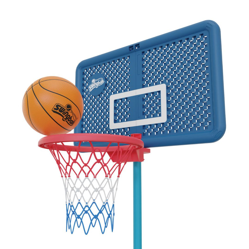 The TP Toys Basketball All Surface Swingball features a height-adjustable hoop with a blue and white backboard, red, white, and blue net, and orange basketball—perfect for indoor or outdoor fun.