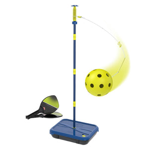 The TP Toys Pickleball All Surface Swingball set includes an adjustable pole with a blue base, a yellow perforated ball on a cord, and two lightweight bats—ideal for outdoor fun and active play.