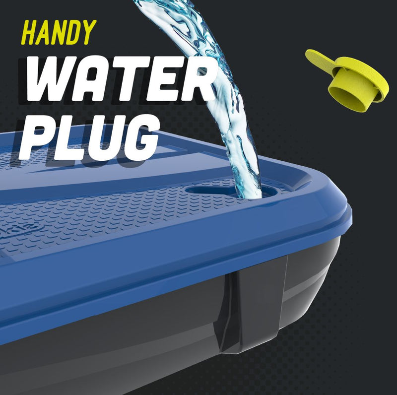 Water is poured into the blue base of the TP Toys Pickleball All Surface Swingball, with its yellow plug floating nearby, an adjustable pole next to it, and "Handy Water Plug" shown.