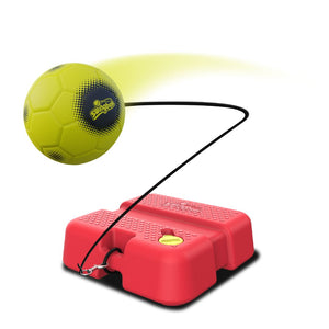 The TP Toys Swingball Reflex Soccer features a yellow ball attached to a black elastic cord and connected to a red All Surface base, shown on a white background.