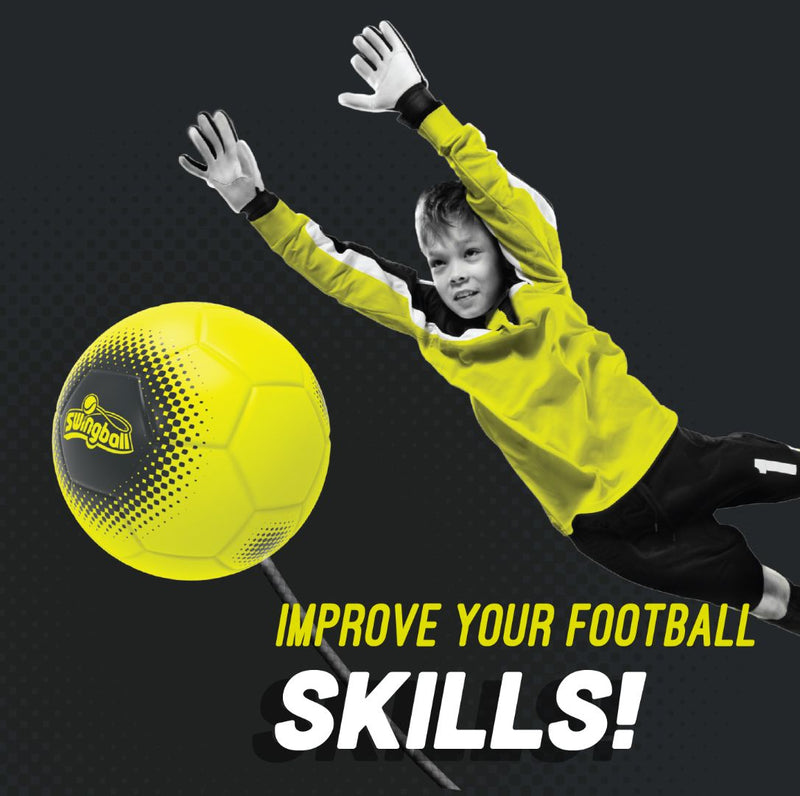 A young soccer player in yellow goalie gear dives to block a TP Toys Swingball Reflex Soccer ball, featuring an All Surface base, with bold white text: Improve your football skills!.