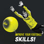 A young soccer player in yellow goalie gear dives to block a TP Toys Swingball Reflex Soccer ball, featuring an All Surface base, with bold white text: Improve your football skills!.