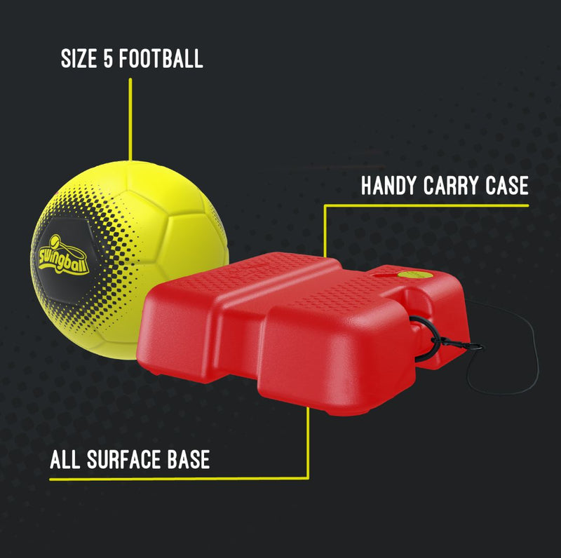 The Swingball Reflex Soccer by TP Toys features a yellow size 5 football and a red All Surface base with a carry handle, shown as set components against a black background.