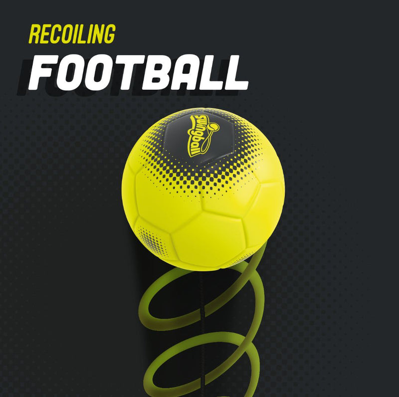 A yellow football on a green coil is set against a dark background, with "Swingball Reflex Soccer" by TP Toys above it—ideal for honing football skills and sharpening your Reflex Soccer game.
