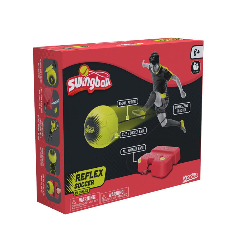 The TP Toys Swingball Reflex Soccer set features a child kicking a tethered ball. It promotes football skills, offers an All Surface base for versatile play, and is suitable for ages 6+.