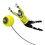 A youth soccer goalie in a yellow uniform dives mid-air with outstretched arms, trying to block the bright yellow TP Toys Swingball Reflex Soccer ball on a cord to sharpen their football skills.