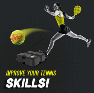 A woman in athletic wear practices tennis with a yellow racket and ball attached to the TP Toys Swingball Pro Reflex Tennis Trainer. Text: Improve your tennis skills!.