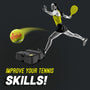 A woman in athletic wear practices tennis with a yellow racket and ball attached to the TP Toys Swingball Pro Reflex Tennis Trainer. Text: Improve your tennis skills!.