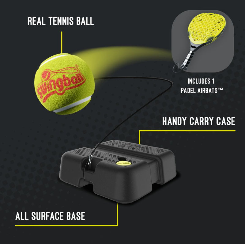 The TP Toys Swingball Pro Reflex Tennis Trainer features a real tennis ball on a flexible pole, an all-surface base, Power Padel Bat, and handy carry case for easy transport.