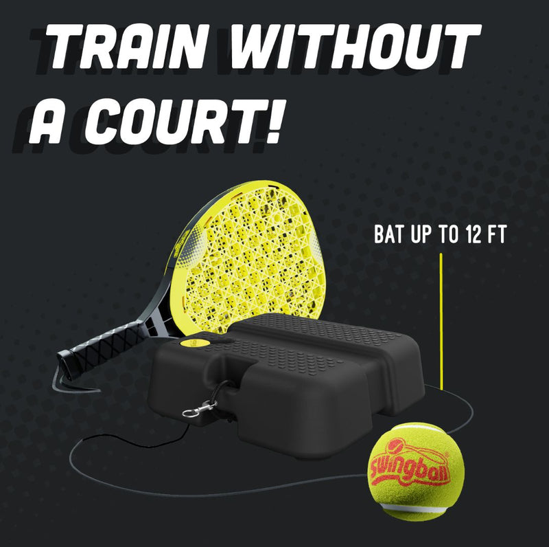 The TP Toys Swingball Pro Reflex Tennis Trainer includes a yellow and black paddle, base, and corded ball. Practice your swing anywhere—no court needed! Hit the ball up to 12 ft for solo tennis training.
