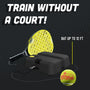 The TP Toys Swingball Pro Reflex Tennis Trainer includes a yellow and black paddle, base, and corded ball. Practice your swing anywhere—no court needed! Hit the ball up to 12 ft for solo tennis training.