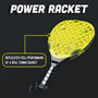 The image shows a yellow and black paddle racket labeled "Power Racket," designed to mimic a real tennis racket’s feel—ideal for use as a trainer or with the TP Toys Swingball Pro Reflex Tennis Trainer.