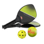 The TP Toys Pickleball Bat and Ball Set includes two black and yellow lightweight paddles plus two yellow balls—one solid, one perforated—for a fun game of pickleball.