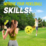 A woman and a boy play pickleball on grass using the TP Toys Pickleball Bat and Ball Set, with a large yellow pickleball in the foreground. Text reads: IMPROVE YOUR PICKLEBALL SKILLS!.