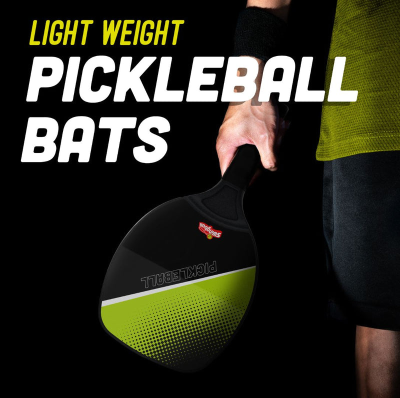 A person holds a TP Toys Pickleball Bat and Ball Set, featuring a black and green bat, against a sleek black background with text about lightweight pickleball options.
