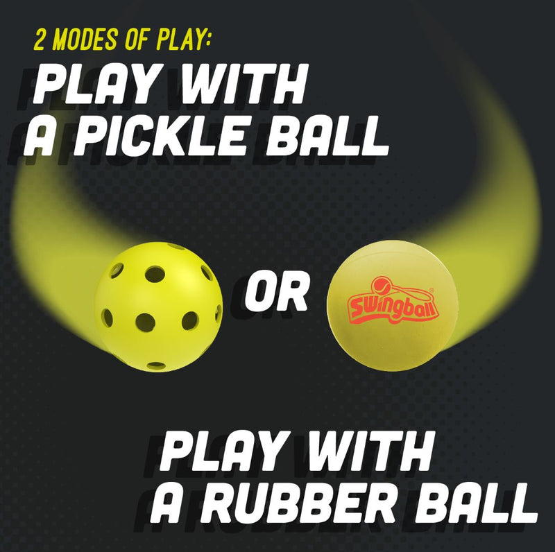 TP Toys Pickleball Bat and Ball Set includes two yellow balls: a lightweight pickleball and a Swingball rubber ball. Enjoy 2 modes of play—use the pickleball or switch to the rubber ball for versatile fun.