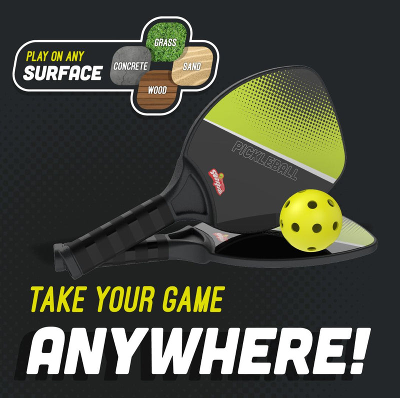 The TP Toys Pickleball Bat and Ball Set includes two lightweight paddles and a yellow ball, ideal for play on grass, concrete, sand, or wood. Slogan: Take Your Game Anywhere!.