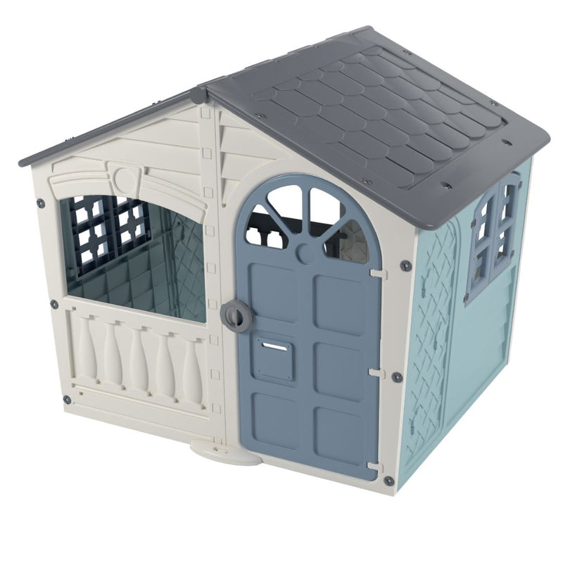 The TP Toys Palplay Plastic Misty Sky Playhouse of Fun features UV resistance, a blue door, white frame, grey roof, and open windows—perfect for hours of outdoor play.