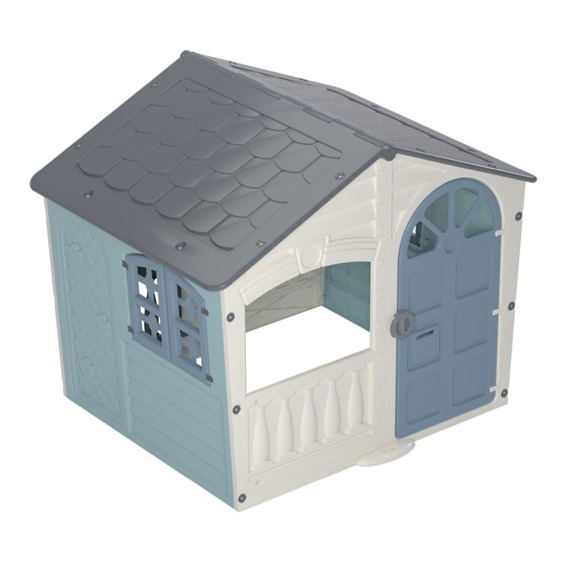 The TP Toys Palplay Plastic Misty Sky Playhouse of Fun features a gray roof, blue walls, white trim, open windows, and a closed blue door. UV resistant for safe outdoor playtime adventures for children.