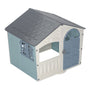 The TP Toys Palplay Plastic Misty Sky Playhouse of Fun features a gray roof, blue walls, white trim, open windows, and a closed blue door. UV resistant for safe outdoor playtime adventures for children.
