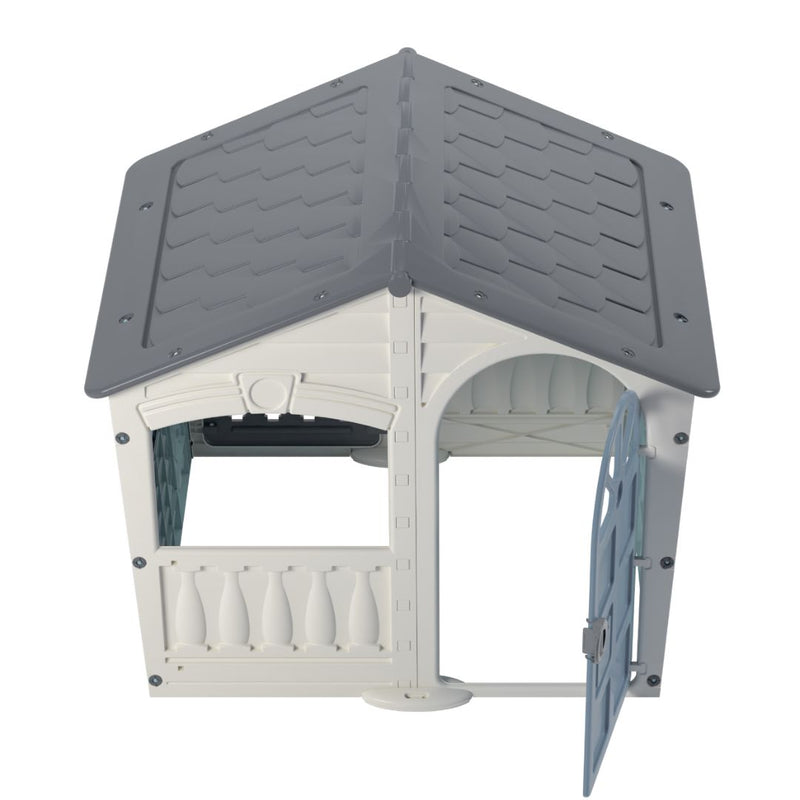 The TP Toys Palplay Plastic Misty Sky Playhouse of Fun features a grey roof, white walls, and an open blue door plus window. UV resistant, it’s ideal for kids to enjoy hours of outdoor play in the sun.