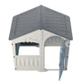 The TP Toys Palplay Plastic Misty Sky Playhouse of Fun features a grey roof, white walls, and an open blue door plus window. UV resistant, it’s ideal for kids to enjoy hours of outdoor play in the sun.