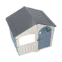 The TP Toys Palplay Plastic Misty Sky Playhouse of Fun features a UV resistant dark gray roof, white walls, arched blue door, and open side window—perfect for imaginative outdoor play in any yard.