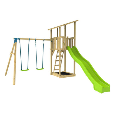 The TP Toys Skywood Wooden Lookout Tower with Ripple Slide & Double Swing Arm features two swings, a platform with ladder, and a bright green slide—ideal for active outdoor fun. FSC® certified.