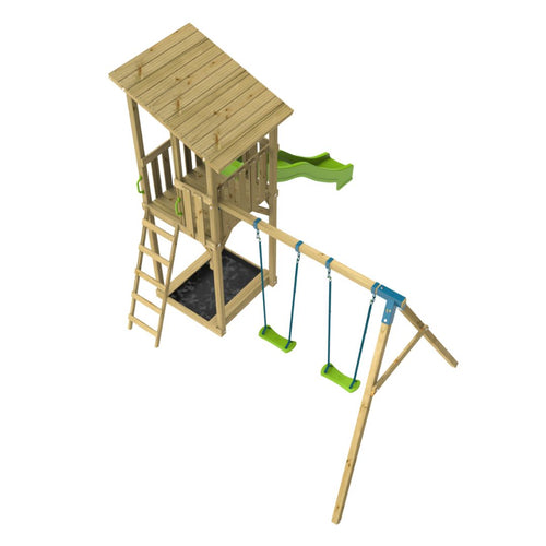 The TP Toys Skywood Wooden Lookout Tower with Ripple Slide & Double Swing Arm is FSC® certified and features a covered platform, ladder, green slide, two green swings, sandbox area below, and a lookout tower for endless fun.