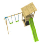 The TP Skywood Wooden Lookout Tower with Ripple Slide & Double Swing Arm by TP Toys features two green swings, a roofed lookout tower, ladder, and bright green slide—shown from above on a white background.