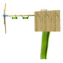 Top-down view of the TP Skywood Wooden Lookout Tower with Ripple Slide & Double Swing Arm by TP Toys, featuring a green slide, two green swings, a wooden platform, and an FSC® certified lookout tower.