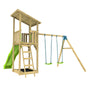 The TP Skywood Wooden Lookout Tower with Ripple Slide & Double Swing Arm by TP Toys features a climbing frame, clubhouse with ladder, two swings, lookout tower, and slide—perfect for outdoor adventure. FSC® certified.
