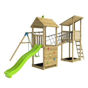 The TP Toys TP Skywood Wooden Tower Climbing Frame features a Ripple Slide, SkyWalk Bridge, Lookout Tower, and Double Swing Arm. FSC® certified, this playset is shown isolated on a white background.