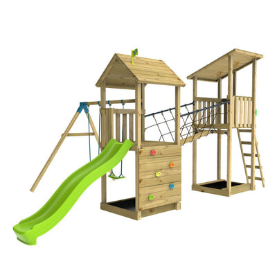 The TP Toys TP Skywood Wooden Tower Climbing Frame features a Ripple Slide, SkyWalk Bridge, Lookout Tower, and Double Swing Arm. FSC® certified, this playset is shown isolated on a white background.