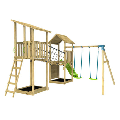 The TP Toys Skywood Wooden Tower Climbing Frame features two play towers, a SkyWalk bridge, ladder, climbing wall, Ripple slide, and double swing arm—all FSC® certified for sturdy outdoor fun.
