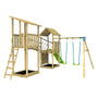 The TP Toys Skywood Wooden Tower Climbing Frame features two play towers, a SkyWalk bridge, ladder, climbing wall, Ripple slide, and double swing arm—all FSC® certified for sturdy outdoor fun.