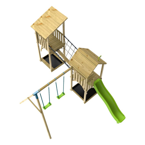 The TP Toys Skywood Wooden Tower Climbing Frame features the Ripple Slide, SkyWalk Bridge, Lookout Tower, and double swing arm. FSC® certified and shown on a white background.