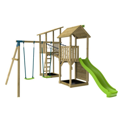 The TP Toys Skywood Wooden Tower Climbing Frame includes a Ripple Slide, SkyWalk Bridge, Lookout Tower & Double Swing Arm—all FSC® certified—shown on a white background.